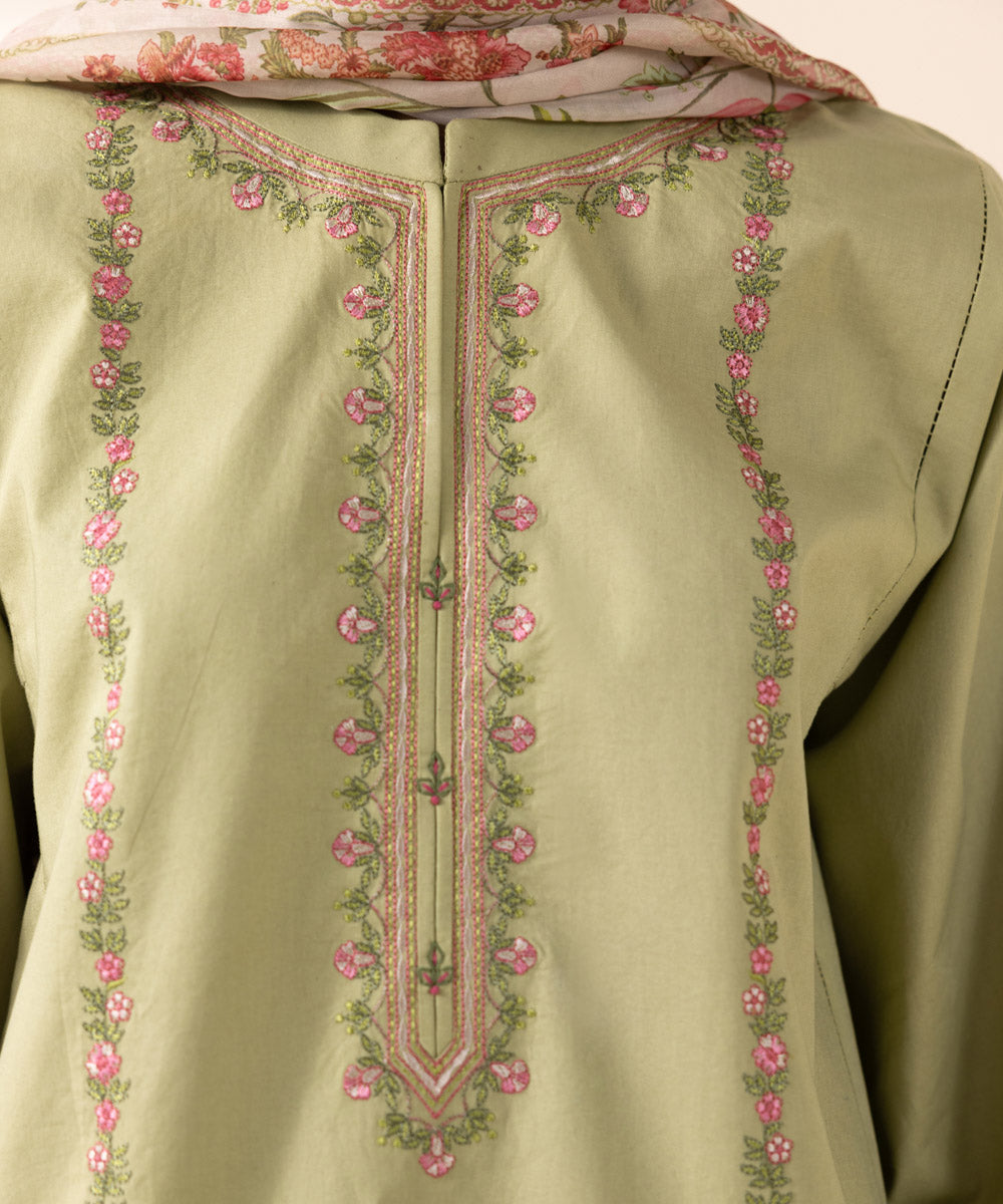 Women's Unstitched Cambric Green Embroidered 3 Piece Suit