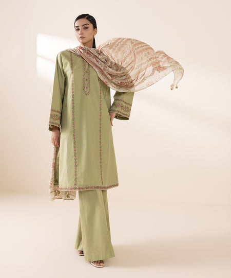 Women's Unstitched Cambric Green Embroidered 3 Piece Suit