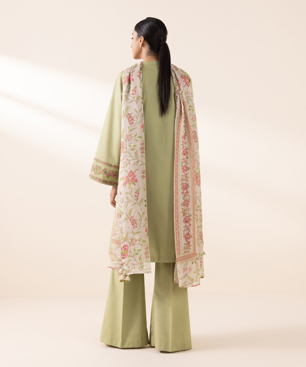 Women's Unstitched Cambric Green Embroidered 3 Piece Suit