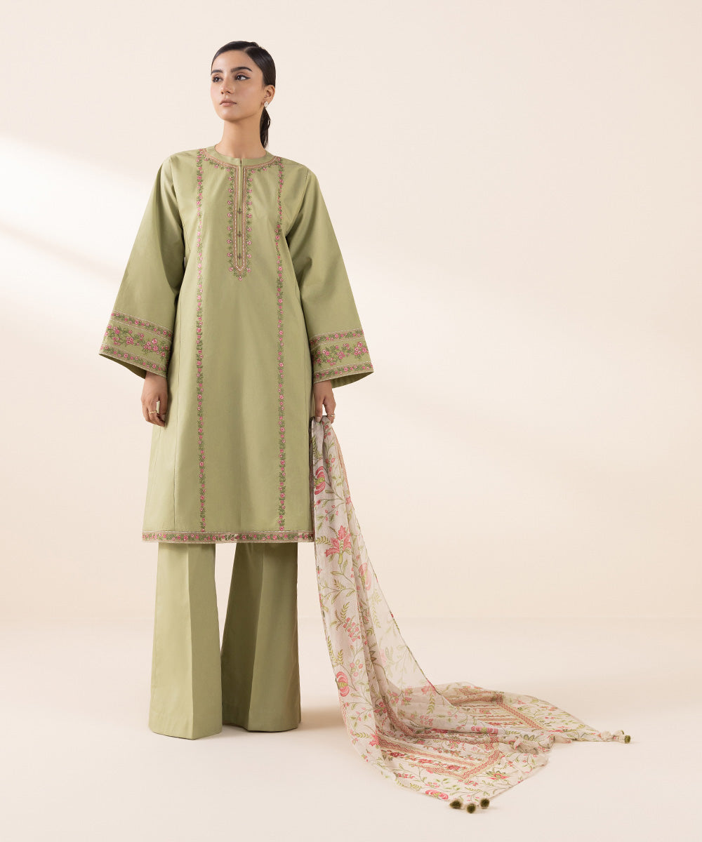 Women's Unstitched Cambric Green Embroidered 3 Piece Suit