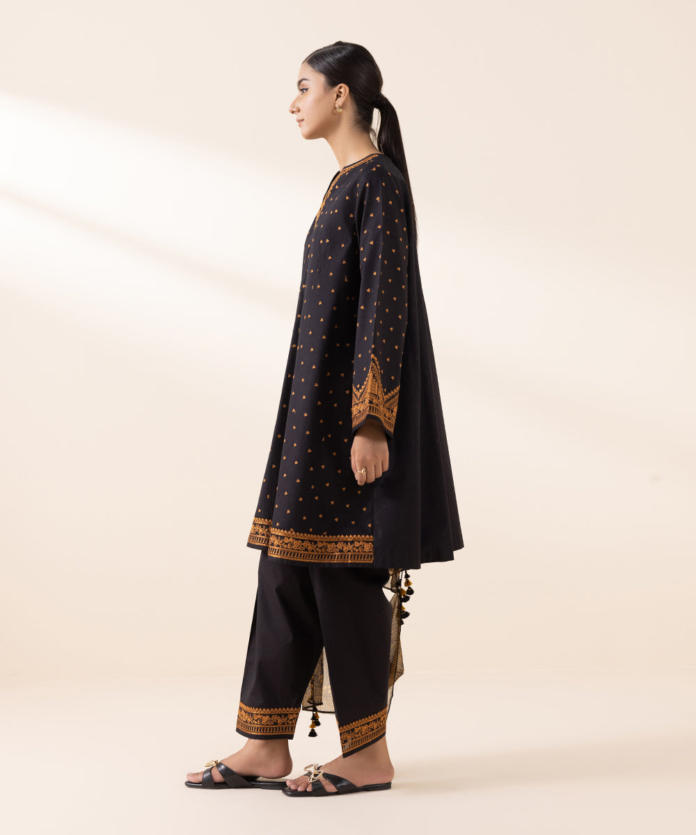 Women's Unstitched Cambric Black Embroidered 3 Piece Suit