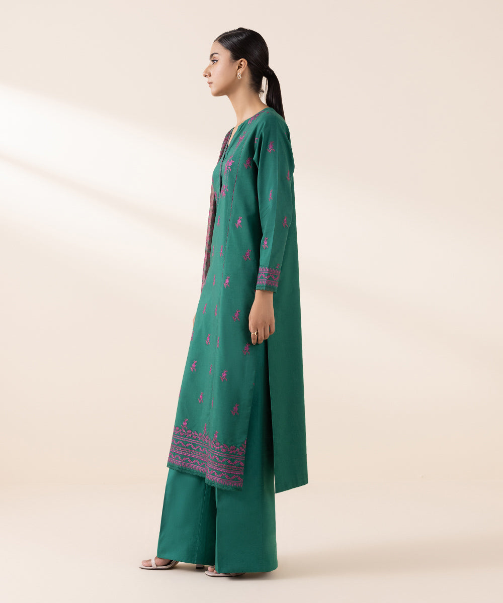 Women's Unstitched Cambric Green Embroidered 3 Piece Suit