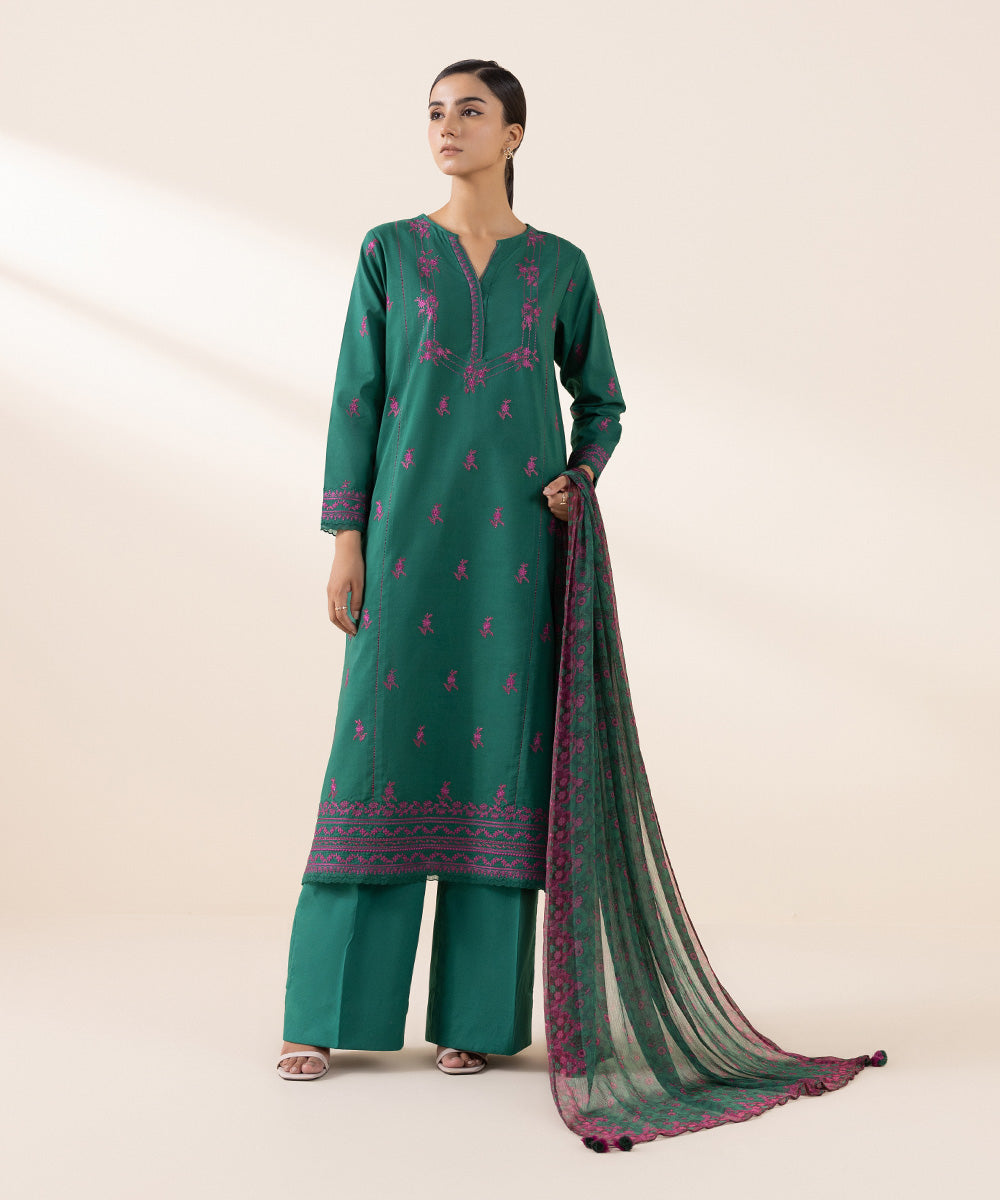 Women's Unstitched Cambric Green Embroidered 3 Piece Suit