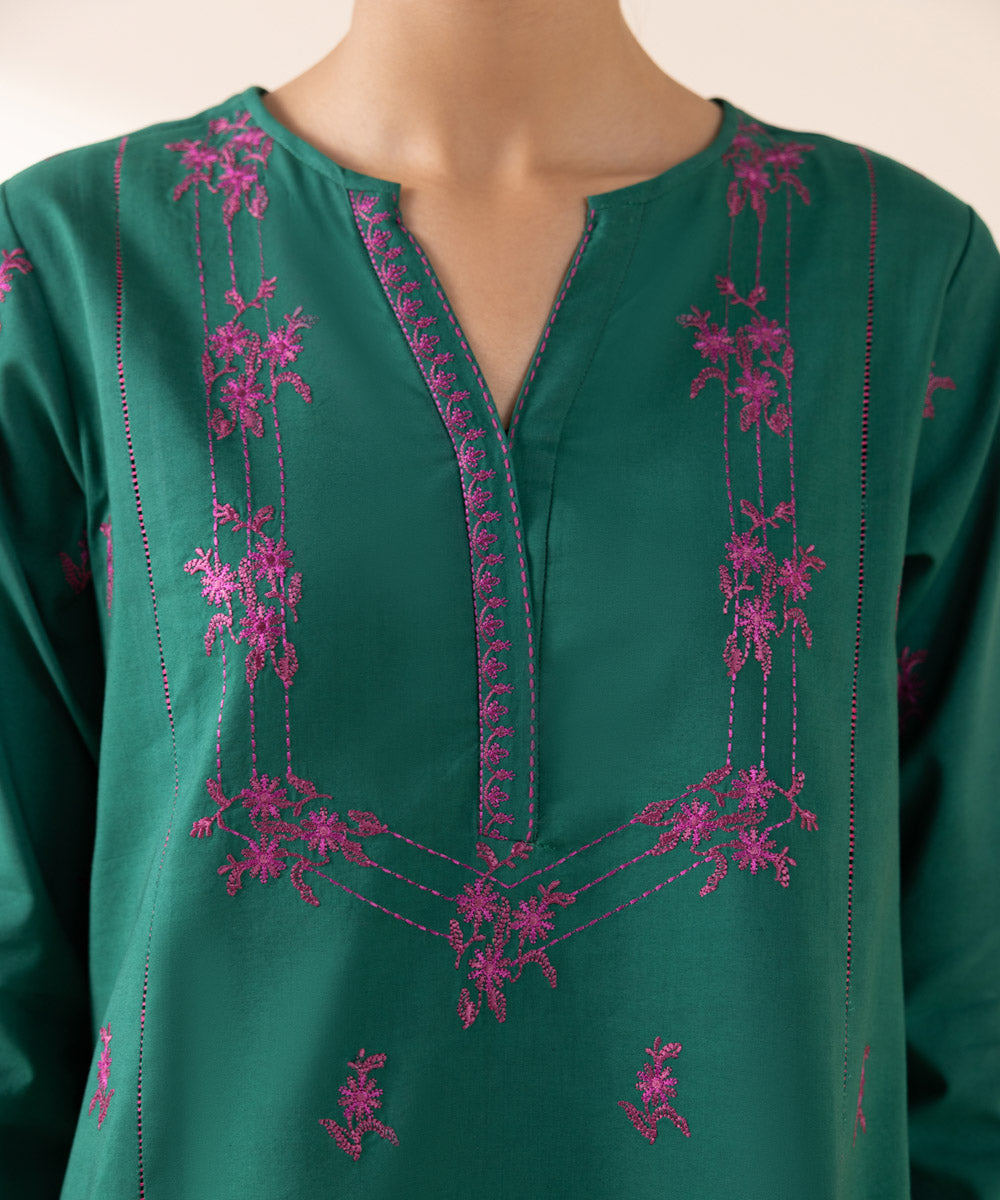 Women's Unstitched Cambric Green Embroidered 3 Piece Suit