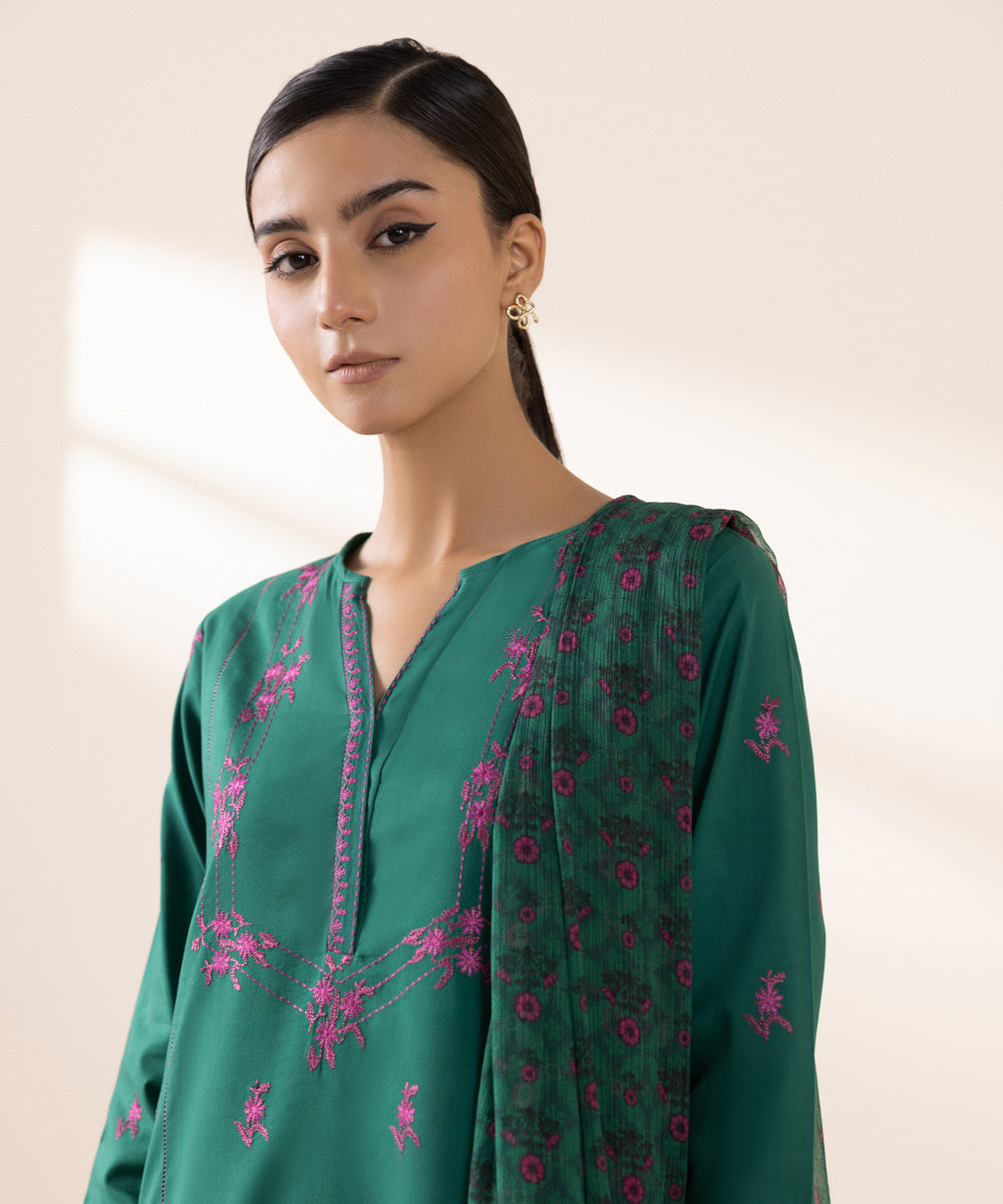 Women's Unstitched Cambric Green Embroidered 3 Piece Suit