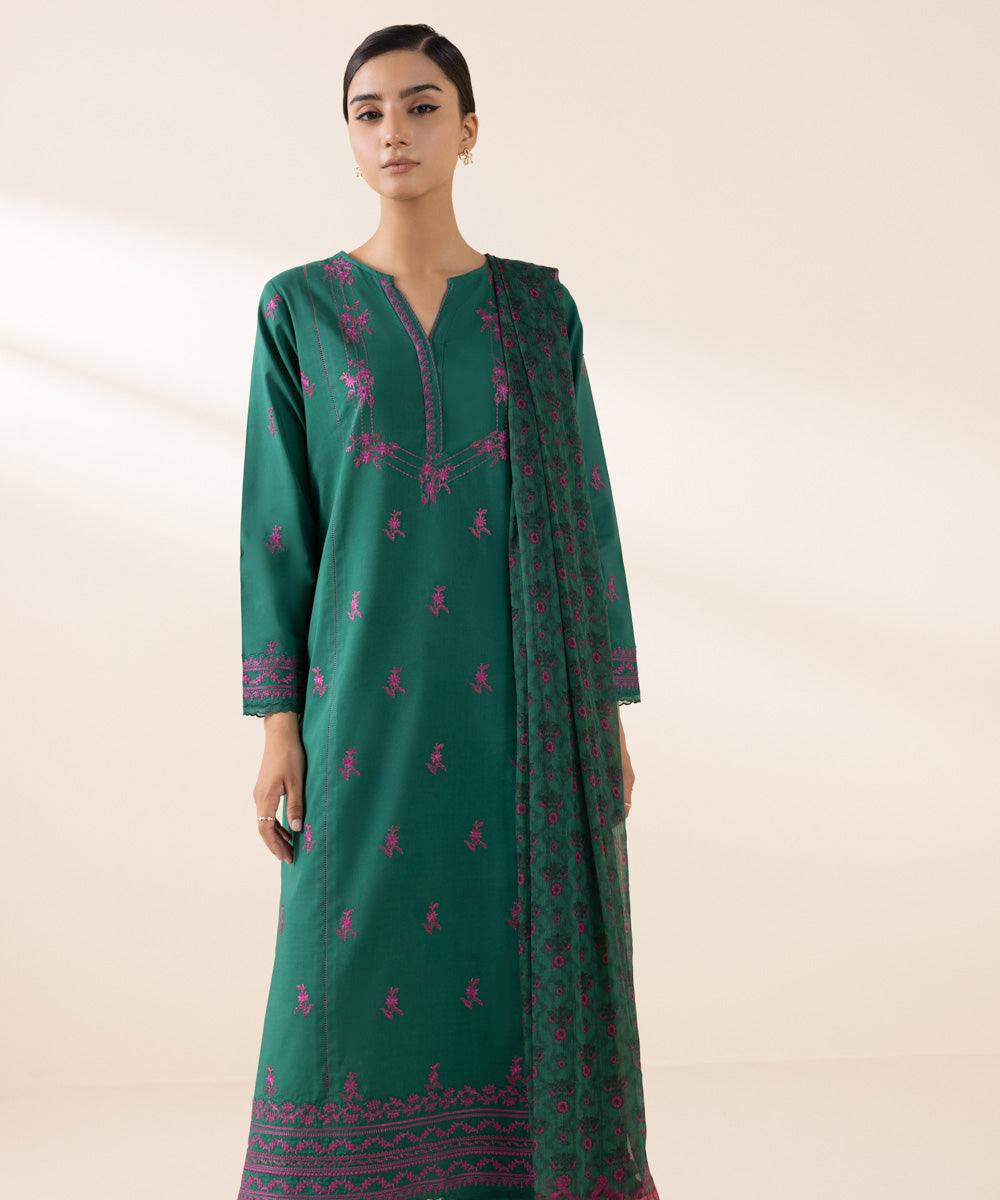 Women's Unstitched Cambric Green Embroidered 3 Piece Suit