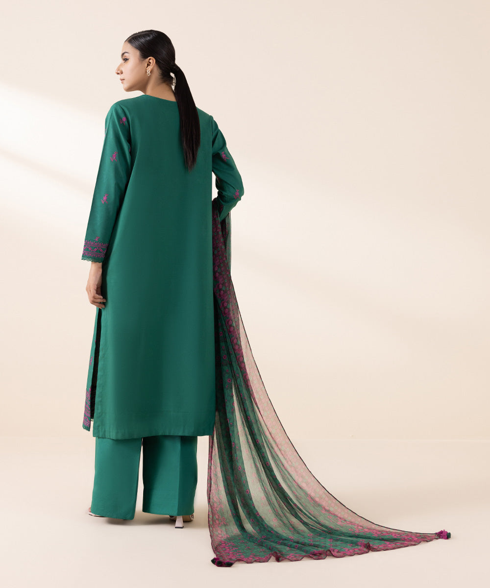 Women's Unstitched Cambric Green Embroidered 3 Piece Suit