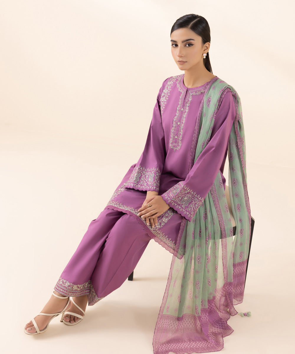 Women's Unstitched Cambric Pink Embroidered 3 Piece Suit