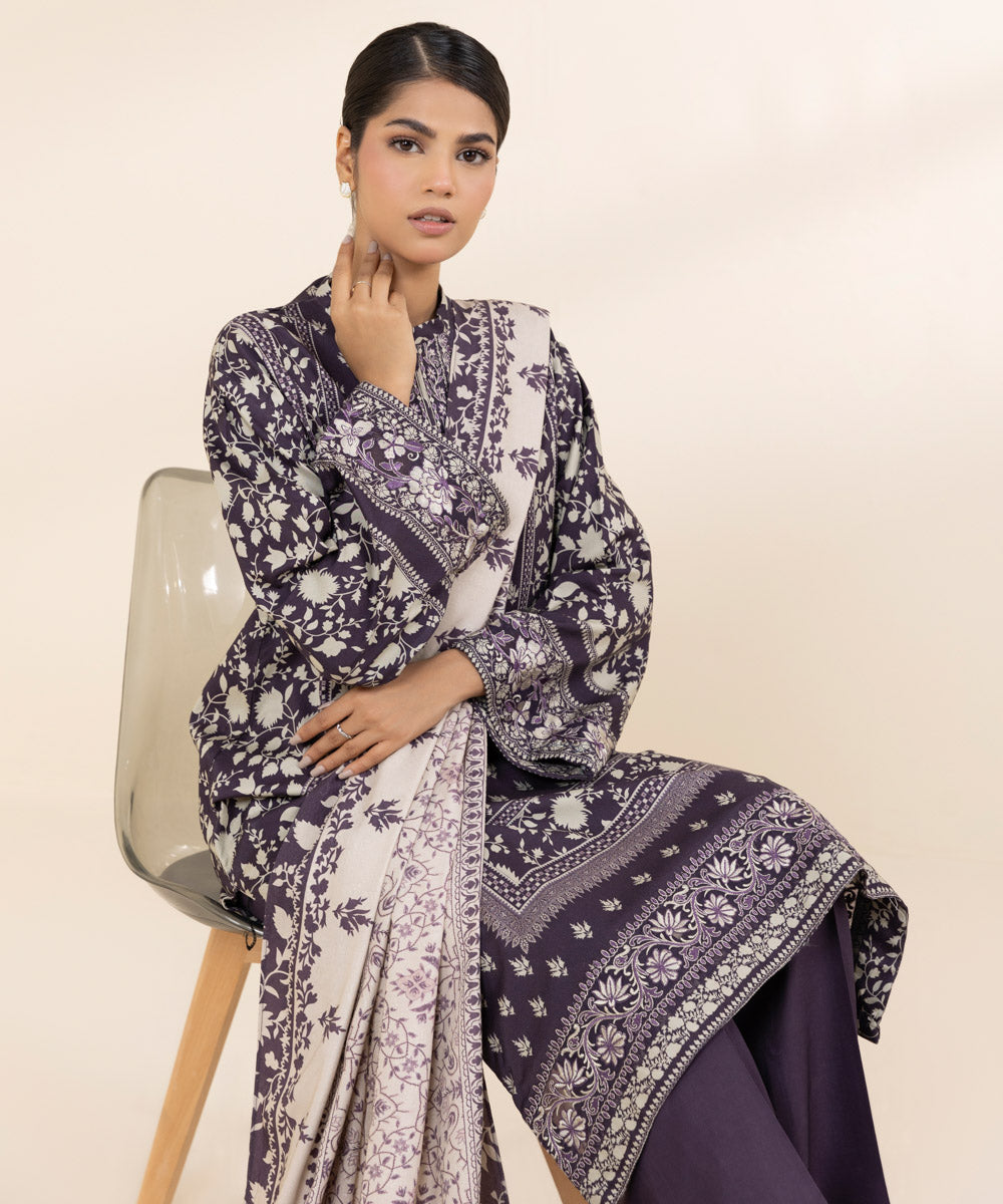 Women's Unstitched Linen Purple Embroidered 3 Piece Suit