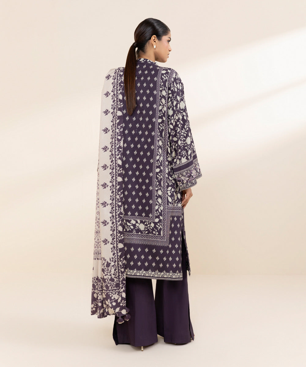 Women's Unstitched Linen Purple Embroidered 3 Piece Suit