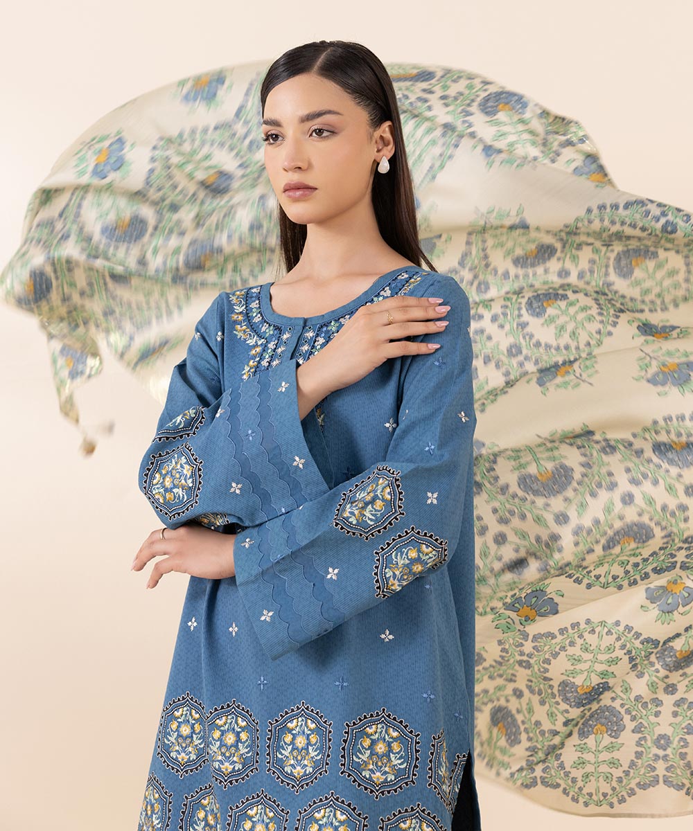 Women's Unstitched Dobby Blue Embroidered 3 Piece Suit