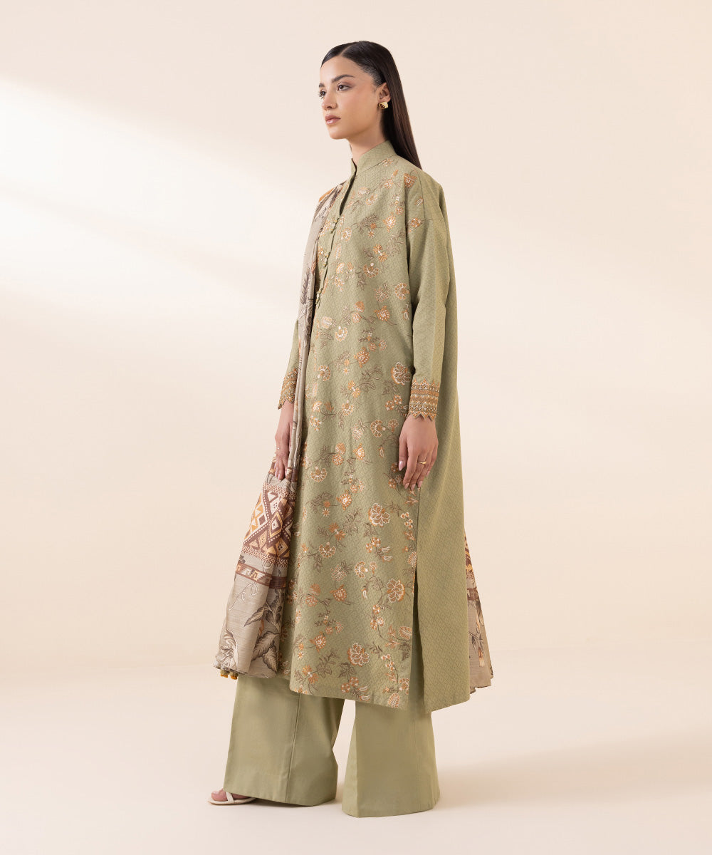 Women's Unstitched Dobby Green Embroidered 3 Piece Suit