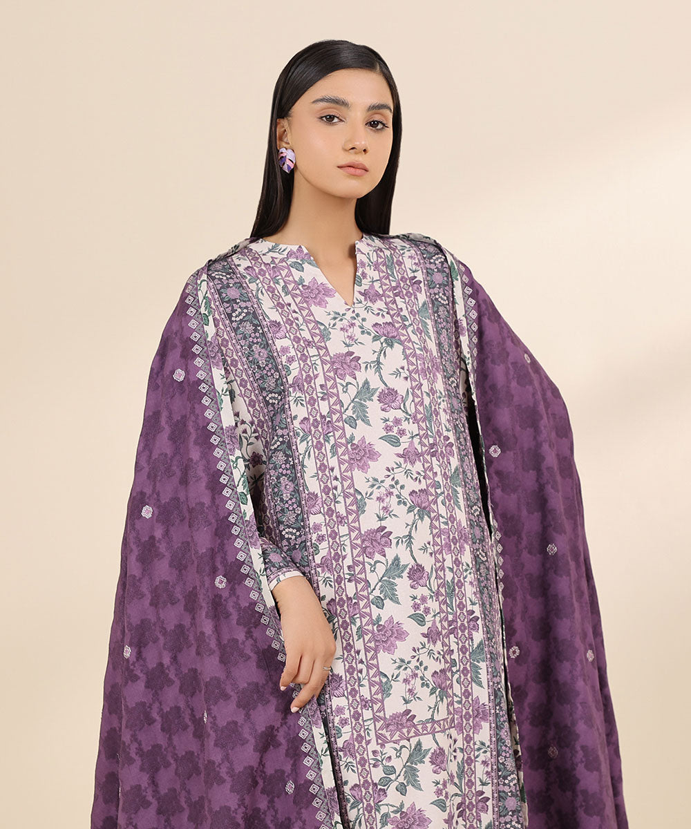 Women's Unstitched Linen Jacquard Purple Embroidered 3 Piece Suit