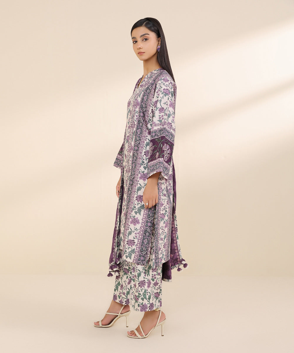 Women's Unstitched Linen Jacquard Purple Embroidered 3 Piece Suit