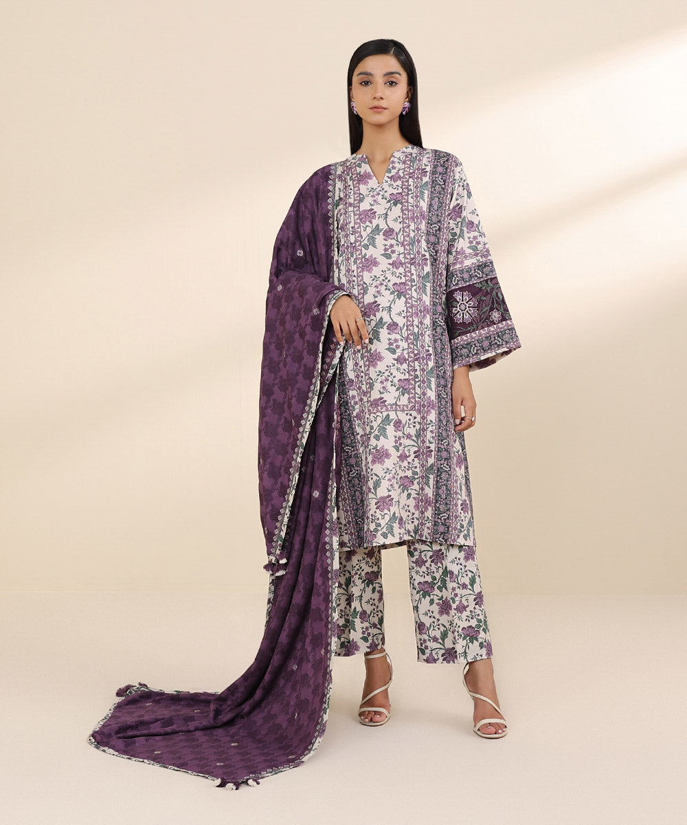 Women's Unstitched Linen Jacquard Purple Embroidered 3 Piece Suit