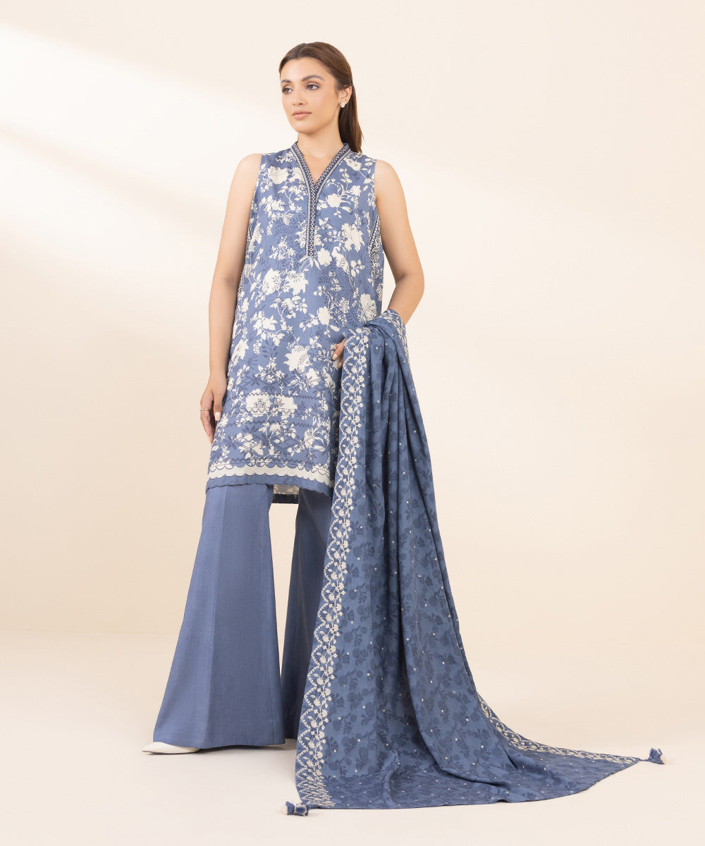 Women's Unstitched Arabic Lawn Embroidered Blue 3 Piece Suit