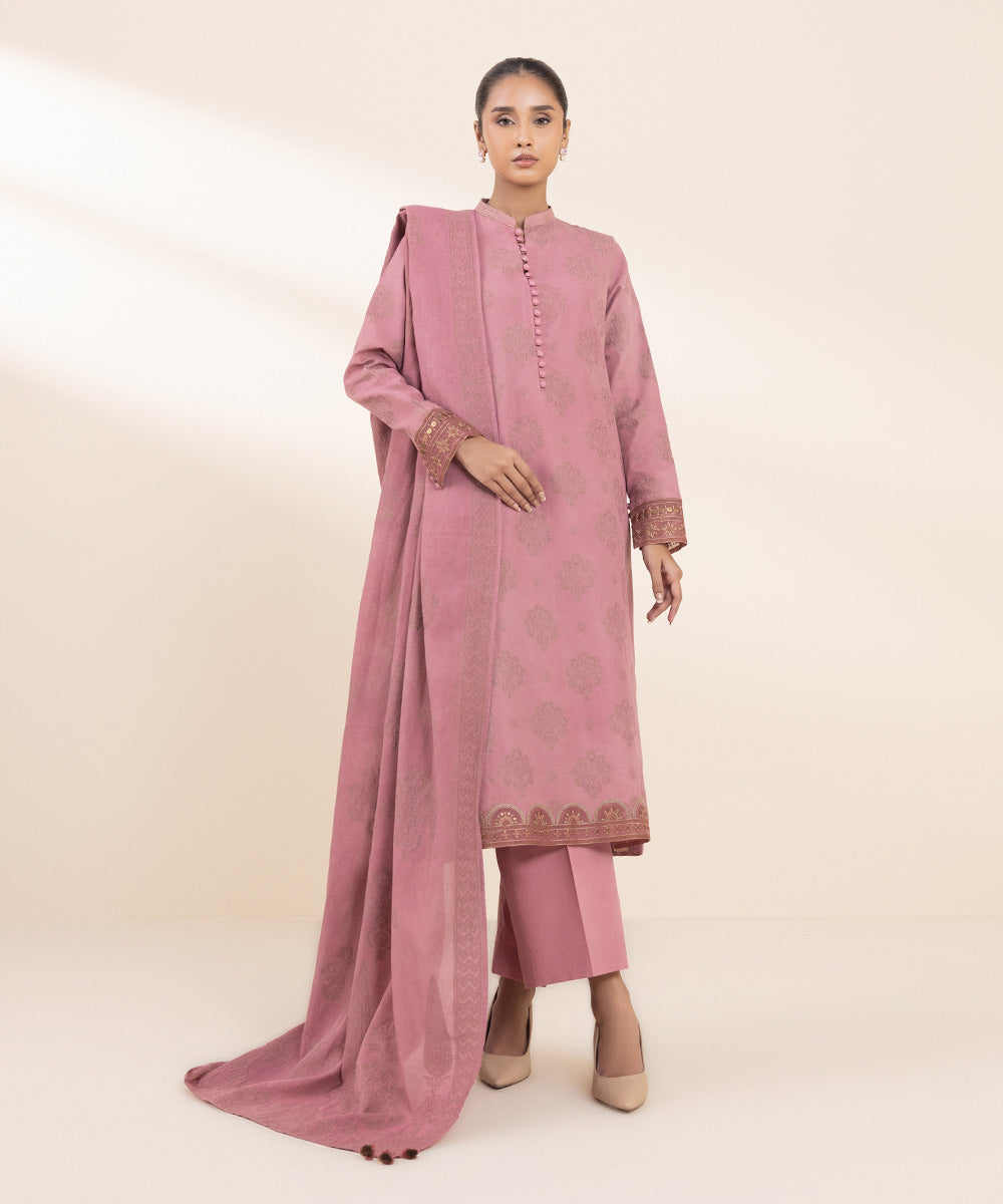 Women's Unstitched Extra Weft Jacquard Embroidered Pink 3 Piece Suit