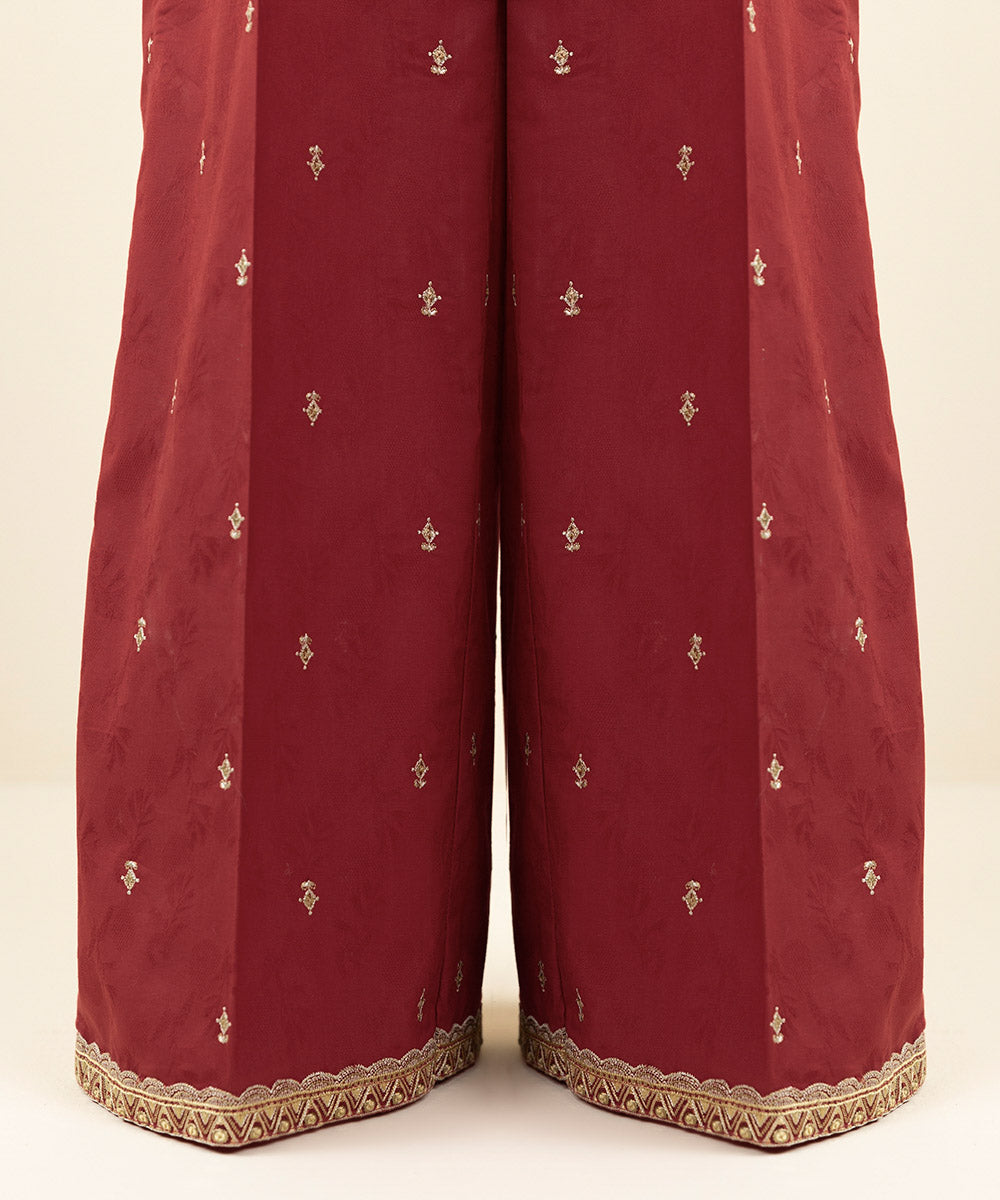 Women's Pret Cotton Jacquard Embroidered Red Culottes