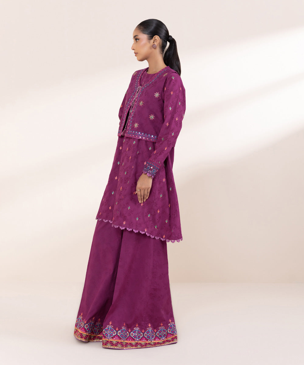 Women's Pret Cotton Jacquard Embroidered Purple Front Open Coatie