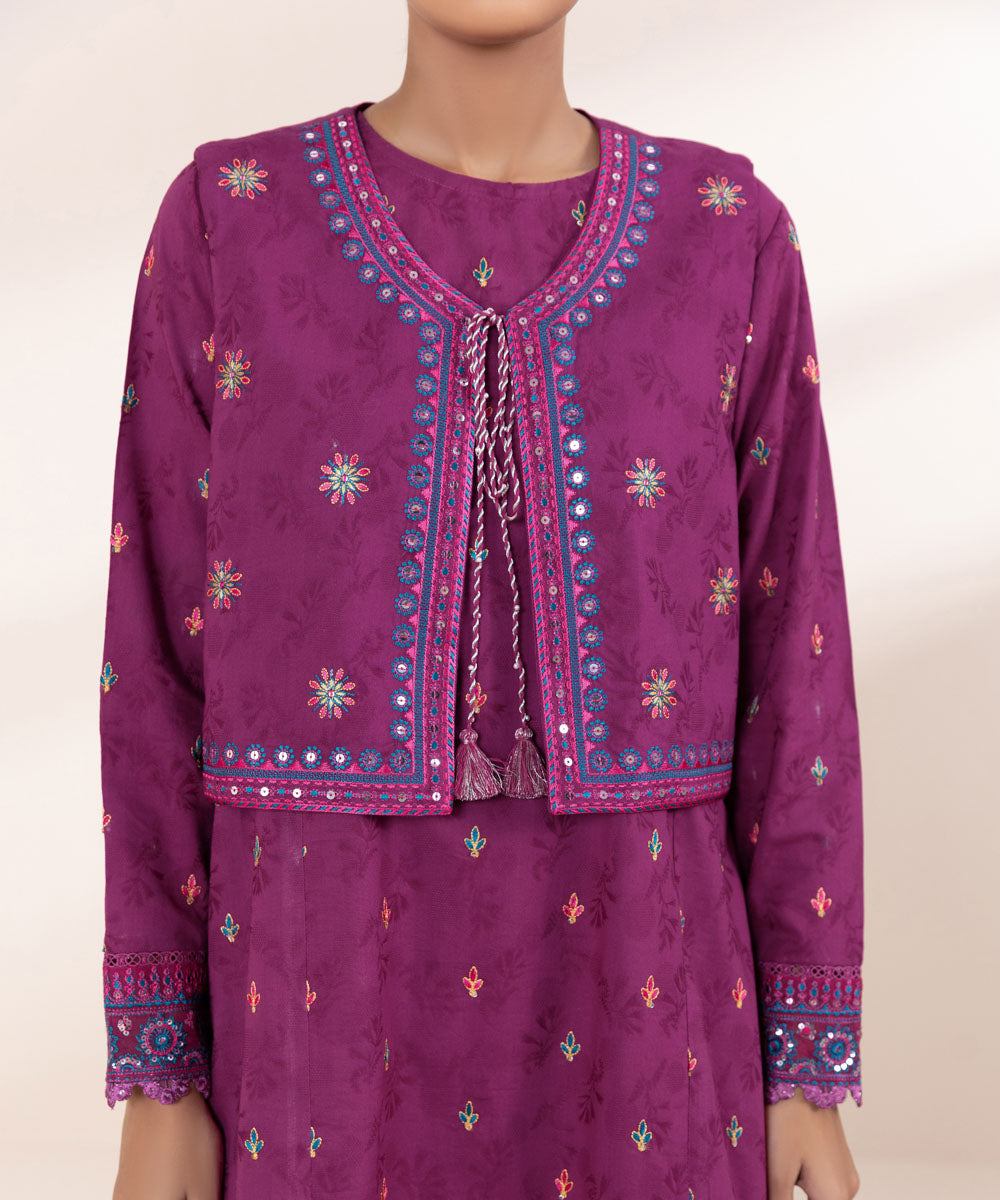 Women's Pret Cotton Jacquard Embroidered Purple Front Open Coatie