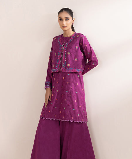 Women's Pret Cotton Jacquard Embroidered Purple Front Open Coatie