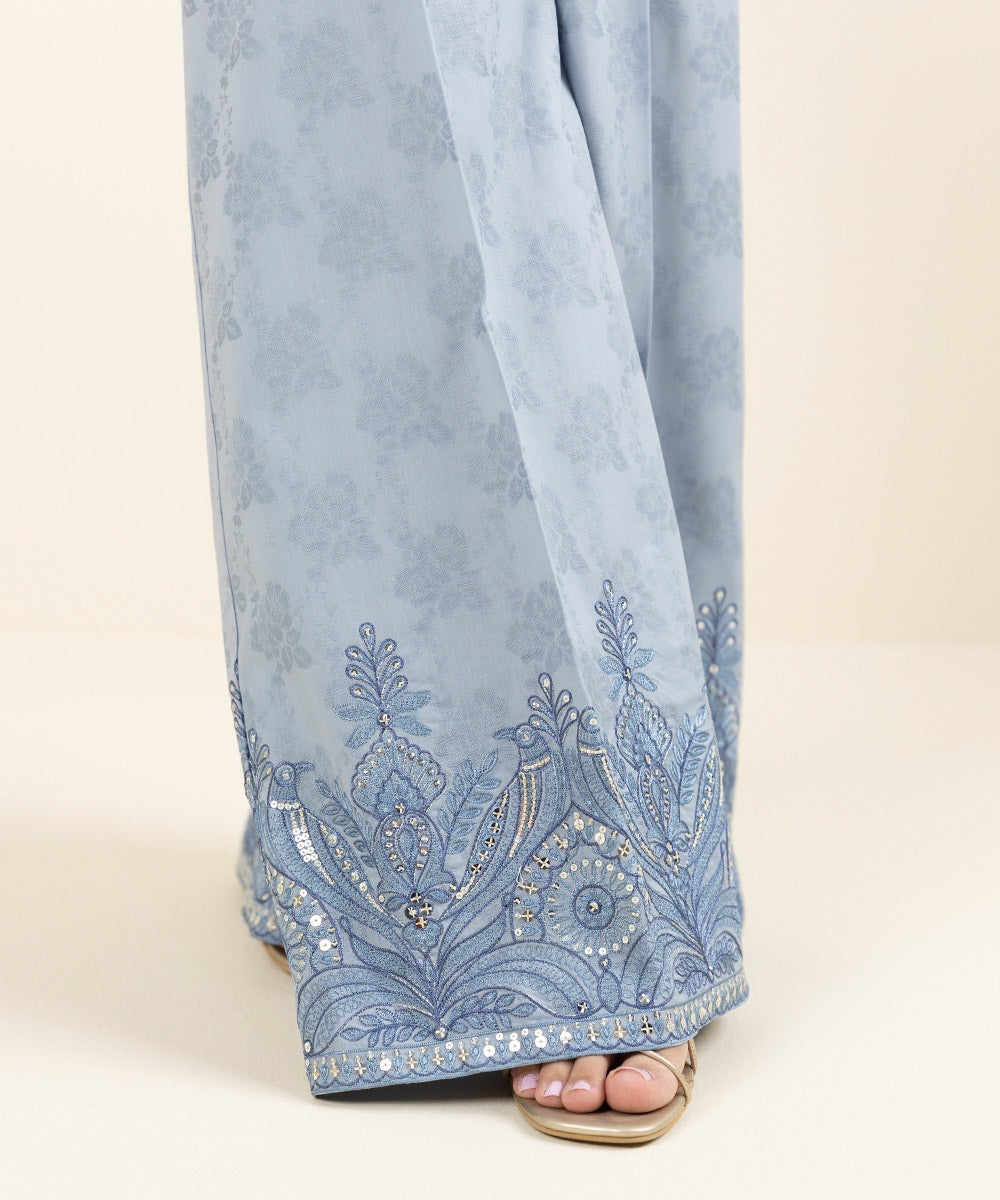 Women's Pret Cotton Jacquard Embroidered Blue Flared Pants