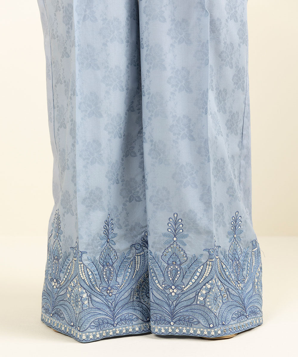 Women's Pret Cotton Jacquard Embroidered Blue Flared Pants