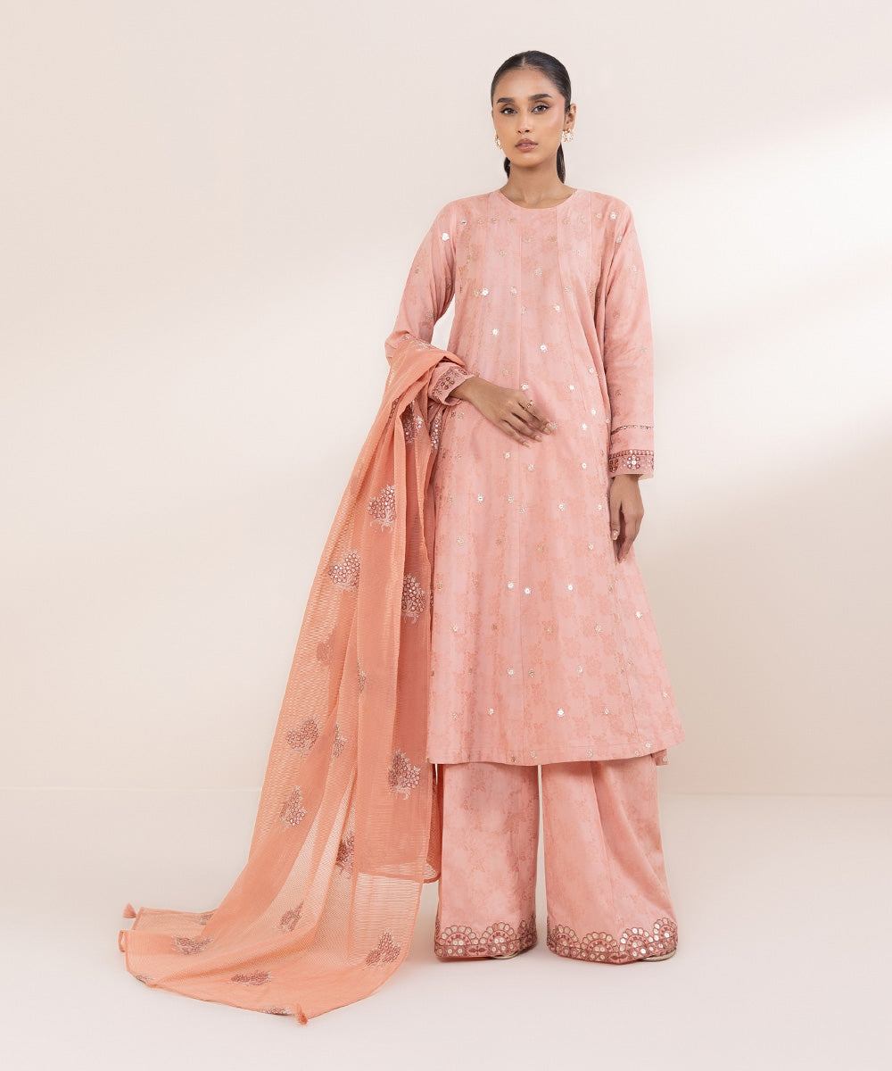 Blended Textured Karandi Pink Embroidered Dupatta