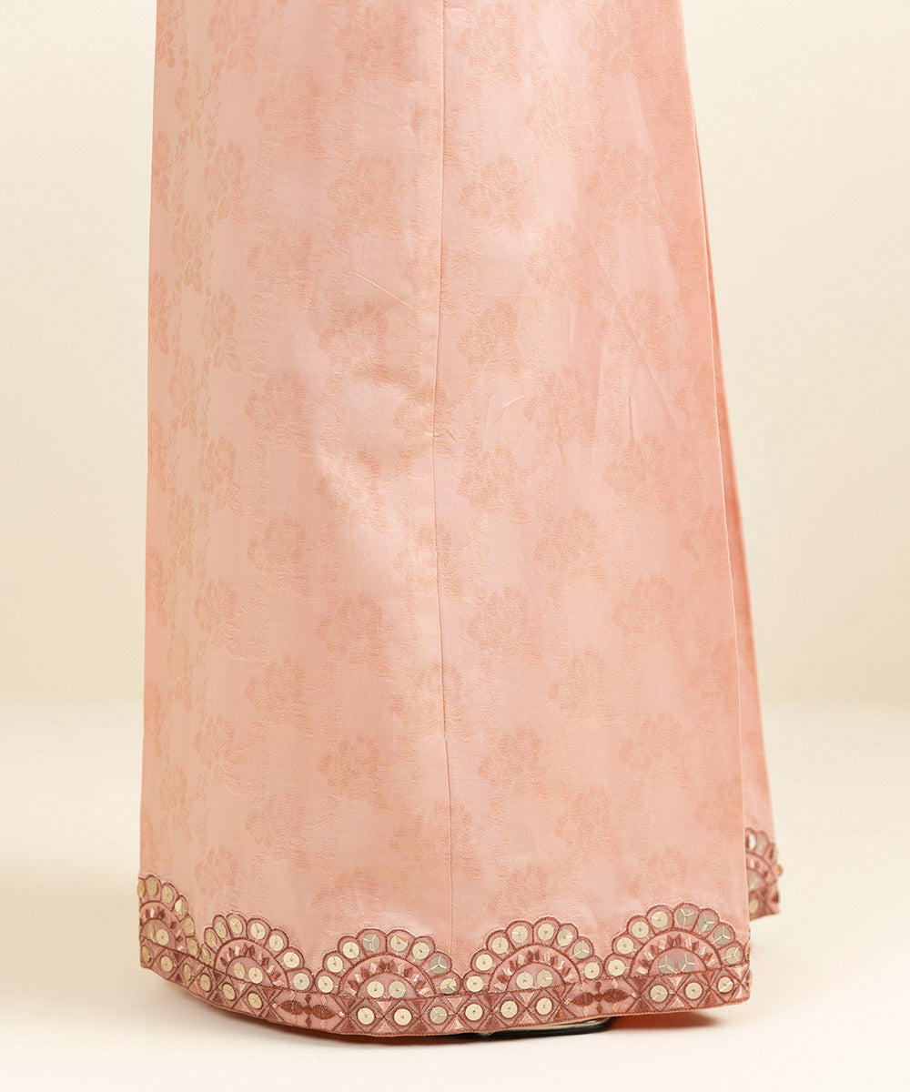 Women's Pret Cotton Jacquard Embroidered Pink Flared Pants