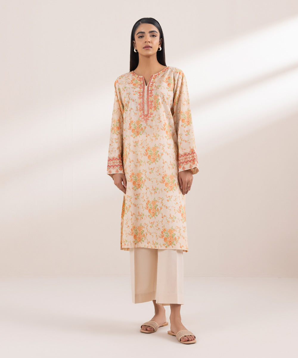 Women's Pret Lawn Printed Embroidered Beige A-Line Shirt