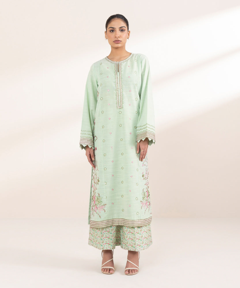 Women's Pret Solid Embroidered Light Mint Green Khaddar A Line Shirt