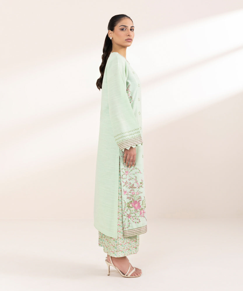 Women's Pret Solid Embroidered Light Mint Green Khaddar A Line Shirt