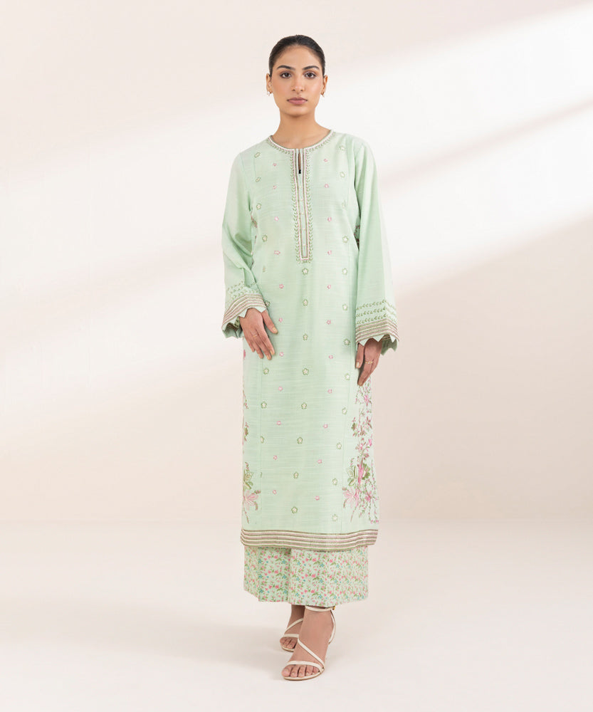 Women's Pret Solid Embroidered Light Mint Green Khaddar A Line Shirt