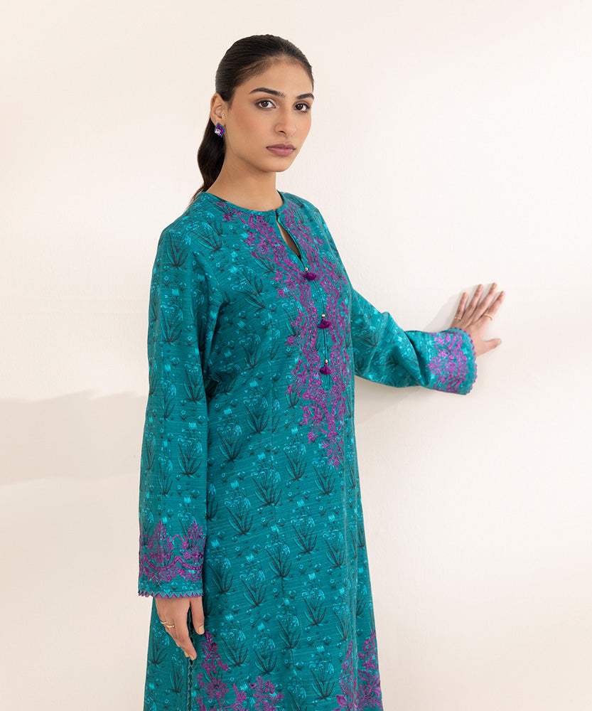 Women's Pret Printed Embroidered Teal Khaddar A Line Shirt