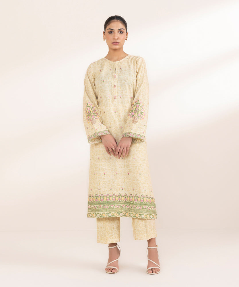 Women's Pret Printed Embroidered Beige Khaddar A Line Shirt