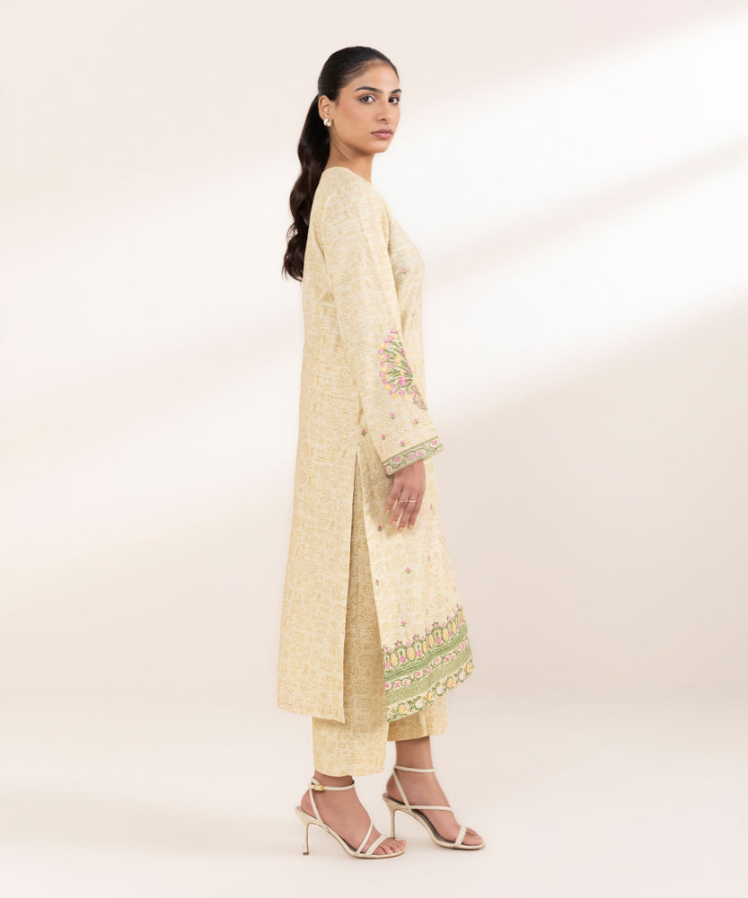 Women's Pret Printed Embroidered Beige Khaddar A Line Shirt