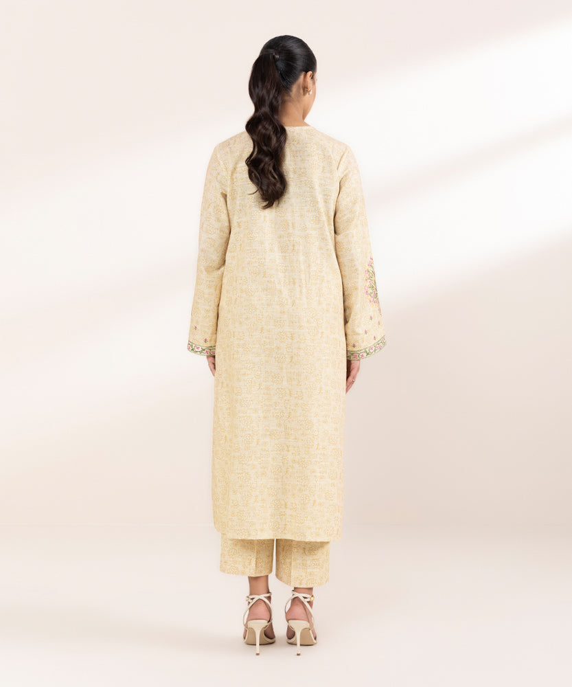 Women's Pret Printed Embroidered Beige Khaddar A Line Shirt