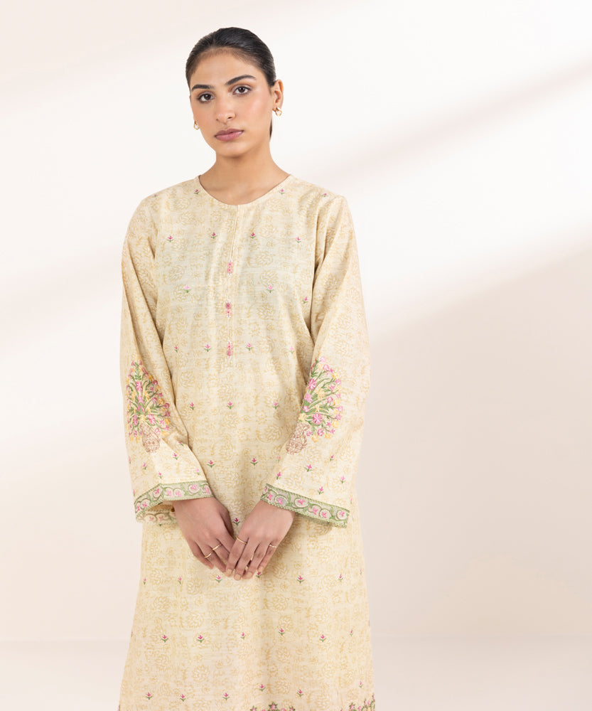 Women's Pret Printed Embroidered Beige Khaddar A Line Shirt