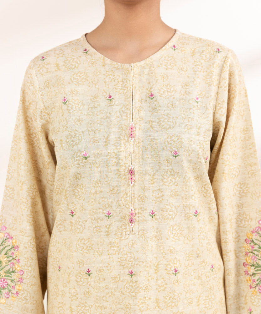 Women's Pret Printed Embroidered Beige Khaddar A Line Shirt