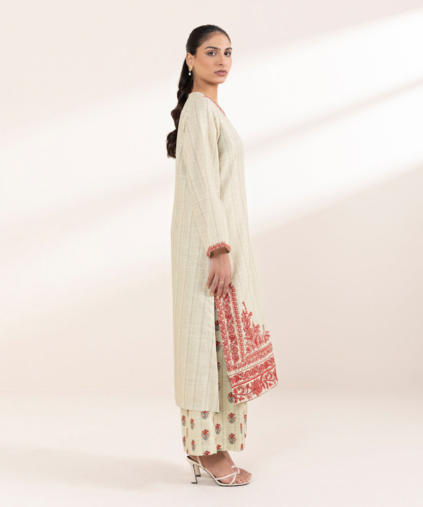 Women's Pret Printed Embroidered Beige Khaddar A Line Shirt