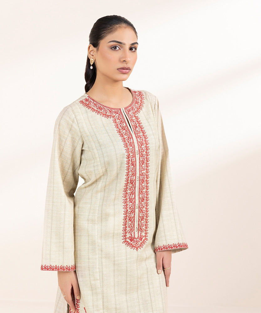 Women's Pret Printed Embroidered Beige Khaddar A Line Shirt