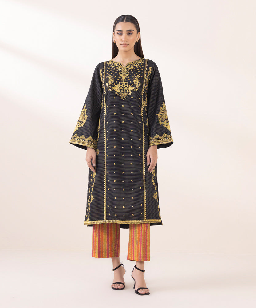 Women's Pret Solid Embroidered Black Zari Khaddar A Line Shirt