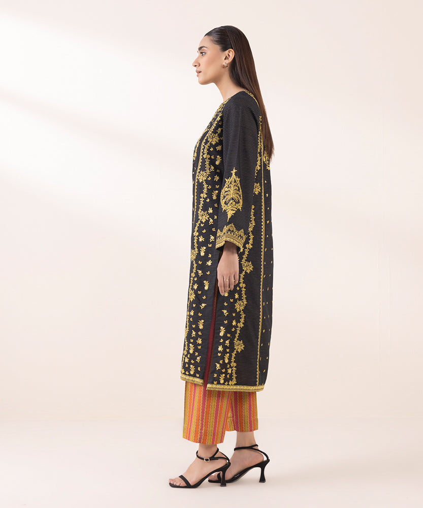 Women's Pret Solid Embroidered Black Zari Khaddar A Line Shirt