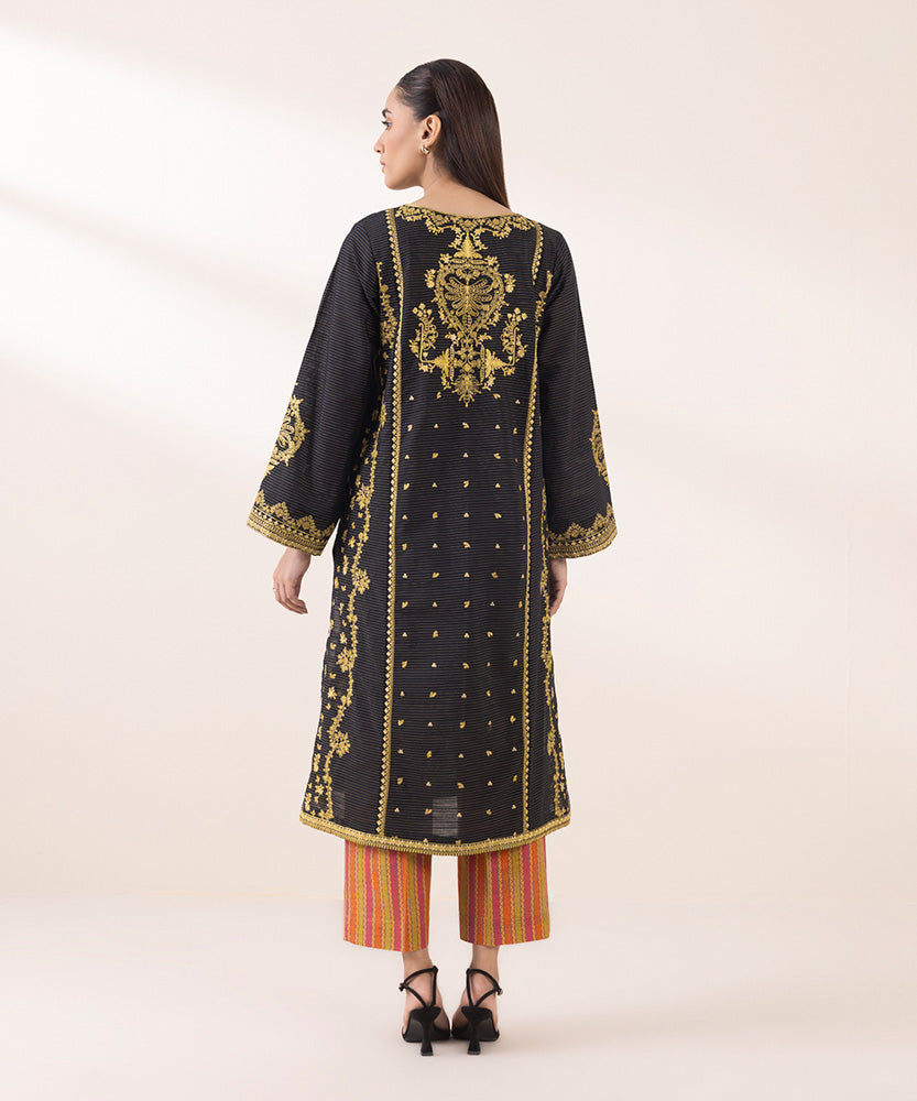 Women's Pret Solid Embroidered Black Zari Khaddar A Line Shirt