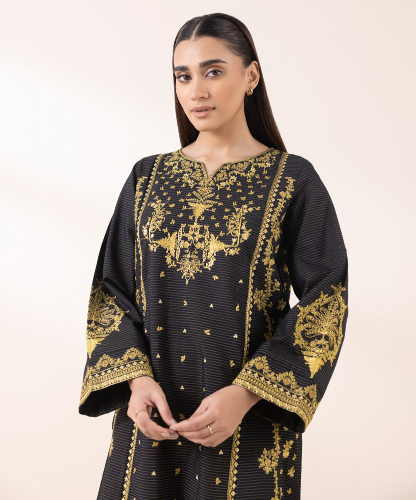 Women's Pret Solid Embroidered Black Zari Khaddar A Line Shirt