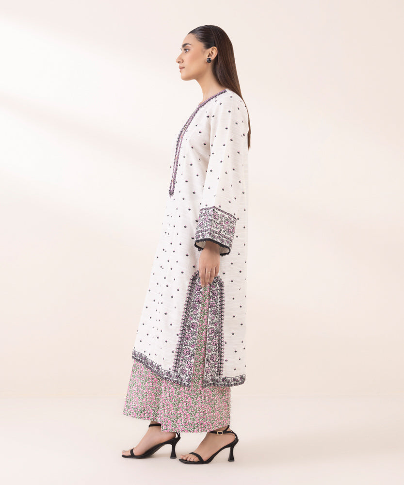 Women's Pret Solid Embroidered White Zari Khaddar A Line Shirt