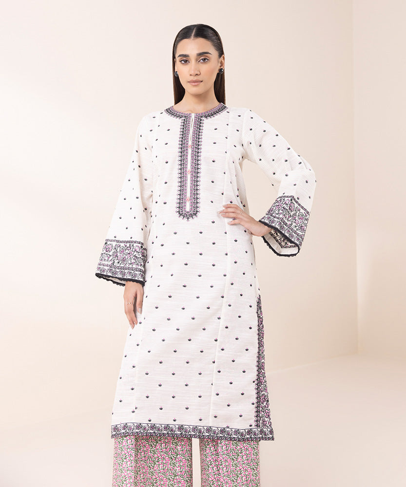 Women's Pret Solid Embroidered White Zari Khaddar A Line Shirt