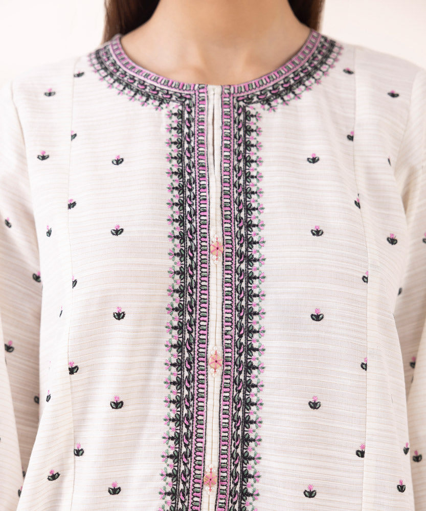 Women's Pret Solid Embroidered White Zari Khaddar A Line Shirt