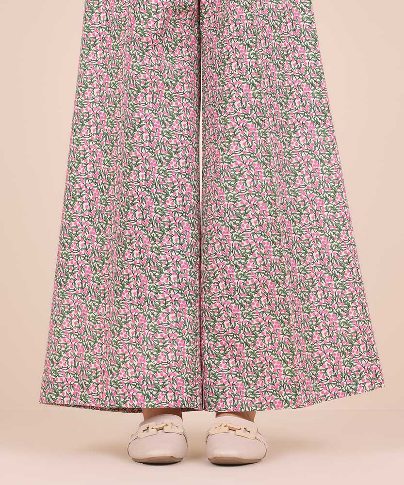 Women's Pret Printed Pink And Green Khaddar Flared Trousers