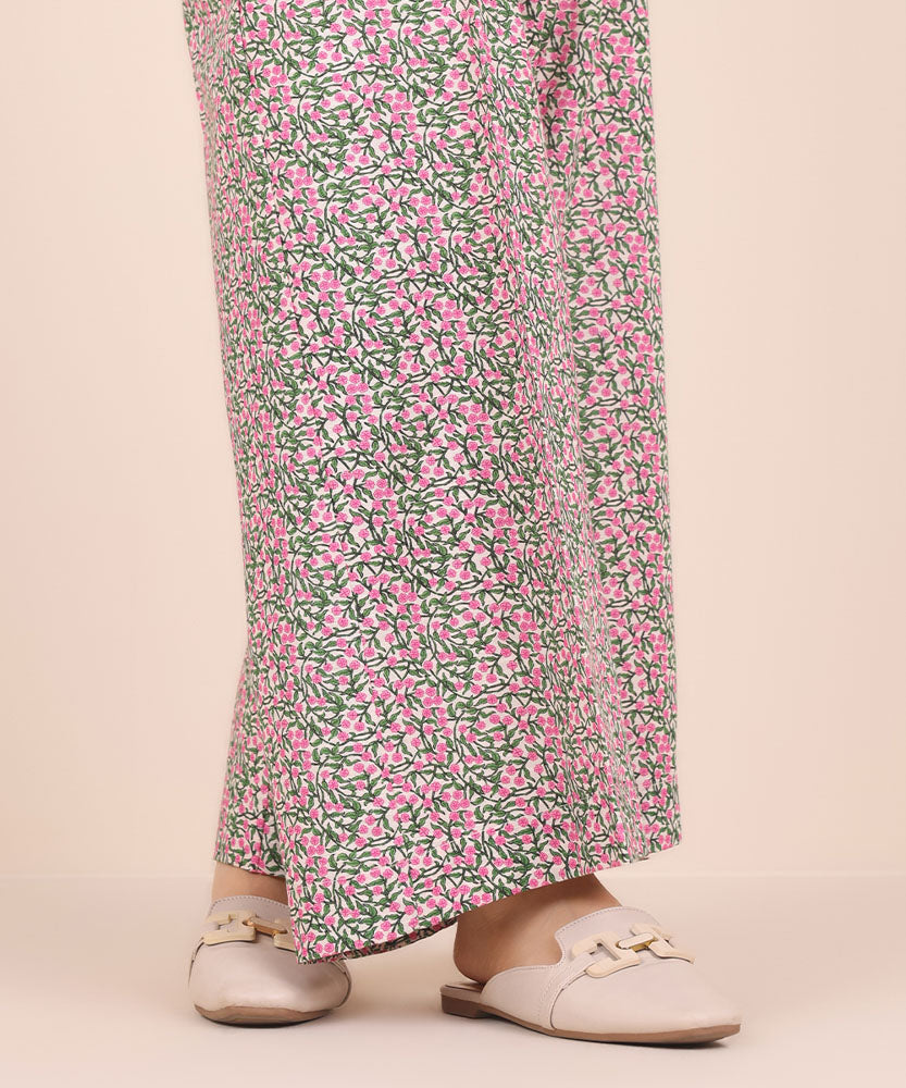 Women's Pret Printed Pink And Green Khaddar Flared Trousers